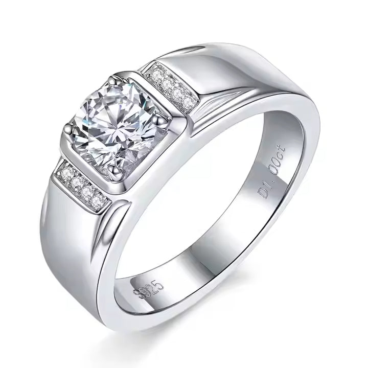 Moissanite Ring Men  Sterling Silver Moissanite Mens Diamond Wedding Ring